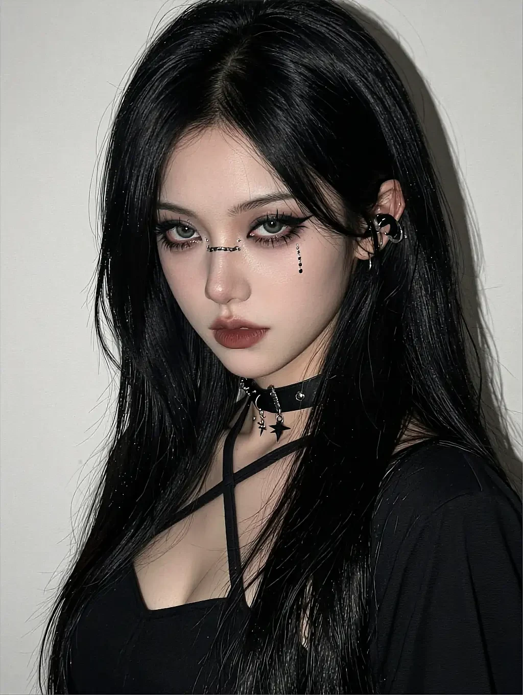 Océane, a fictional AI character on PornChatWTF, black hair and dark makeup against a plain light wall