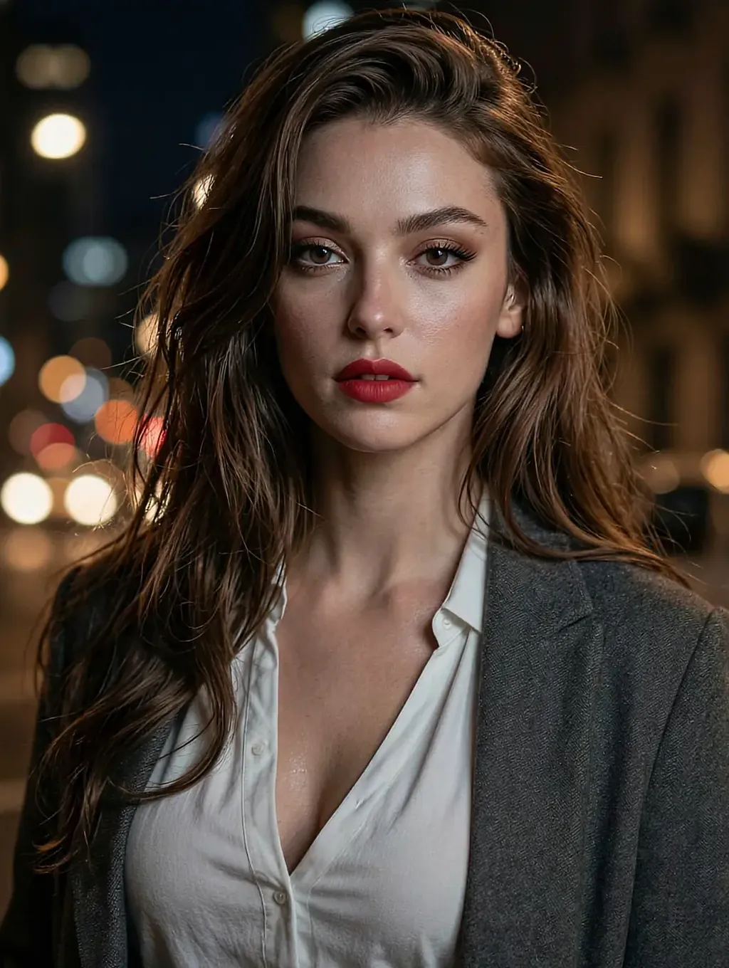 Fictional AI character on the porn chat page, red lipstick and an open white shirt, street lights blurred behind her