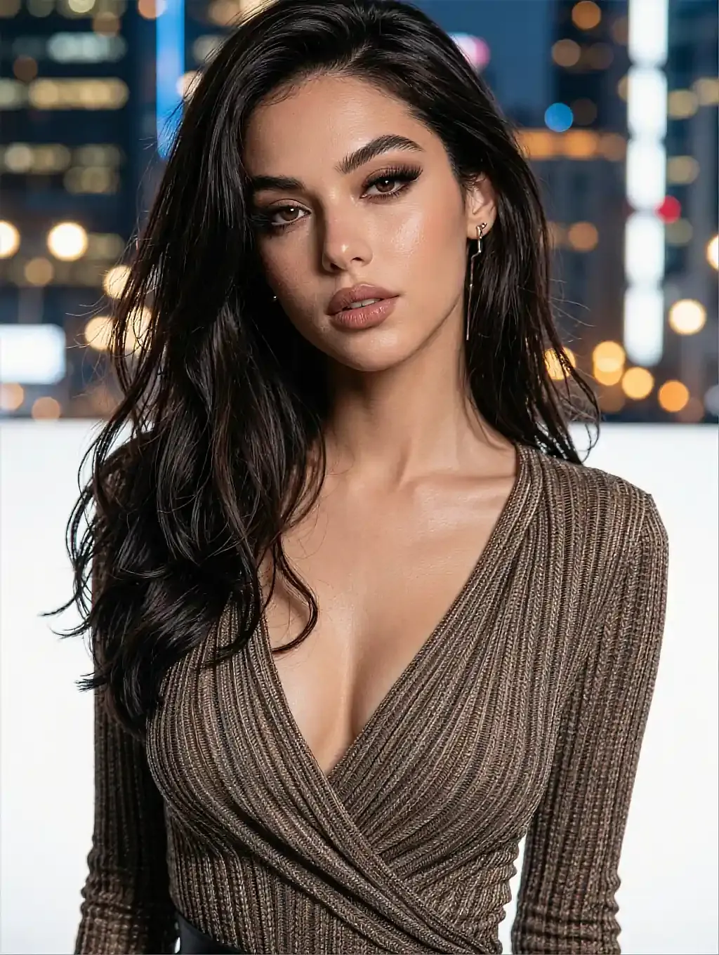 Fictional AI character on the adult porn chat page, in a ribbed wrap top with a night skyline behind her