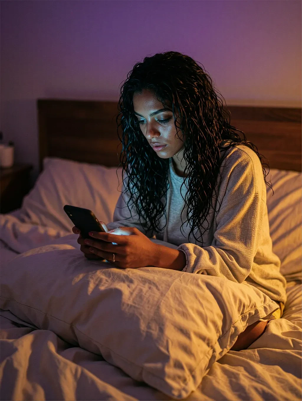 Fictional AI character on the free porn chat page, curly hair, reading her phone under the covers