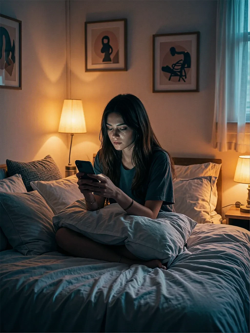 Fictional AI character on the roleplay chat page, cross-legged on a bed with her phone, one lamp lit