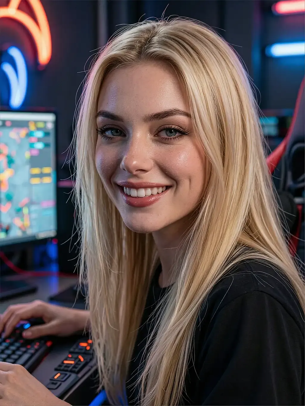 Fictional AI character on the NSFW pics page, blonde, smiling at a desk lit by screens