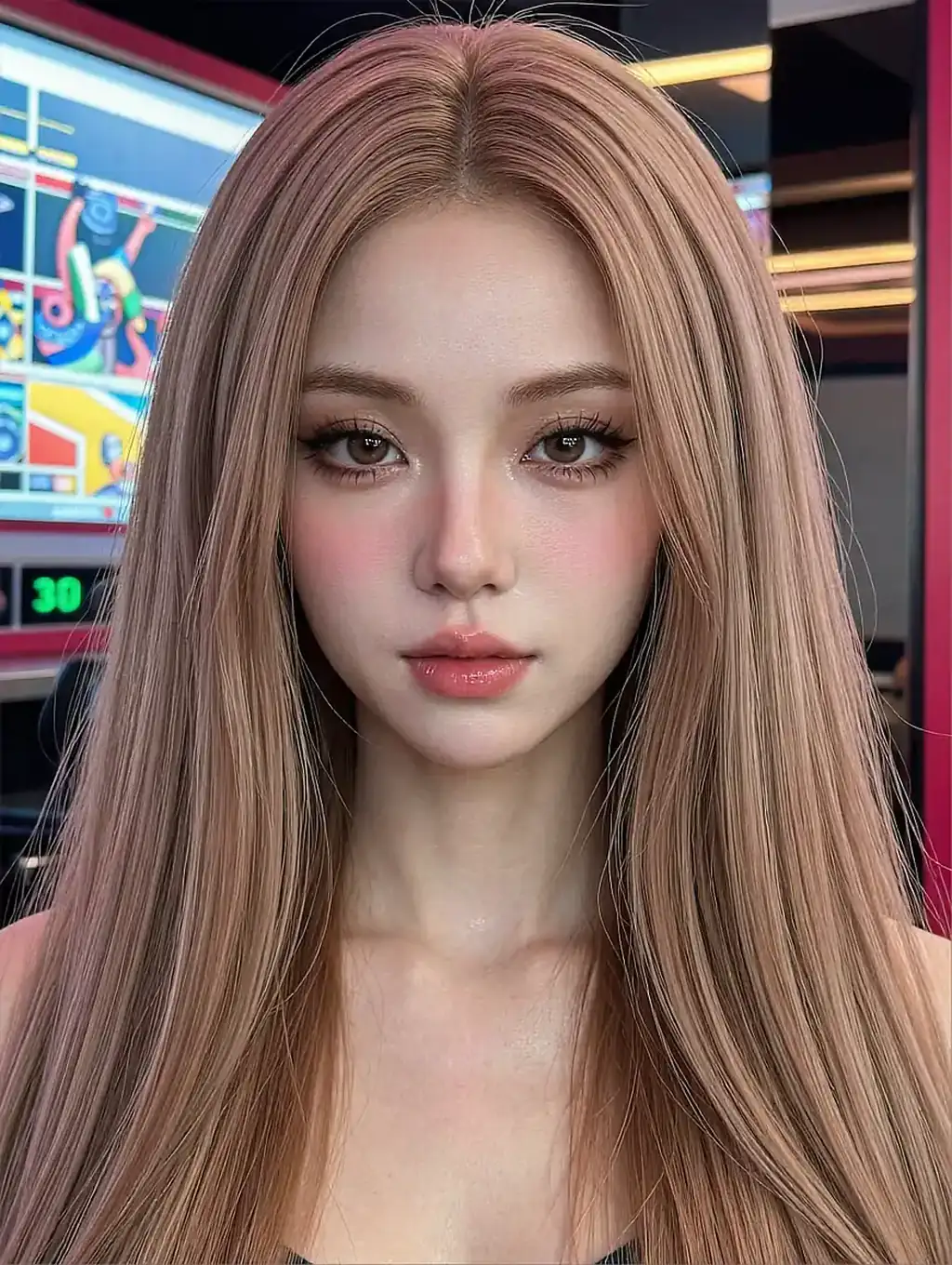 Fictional AI character on the NSFW pics page, long rose-blonde hair, monitors glowing behind her